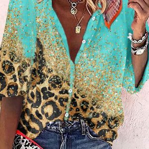 Casual Leopard Stand Collar Blouse, Shirts, color:mint|size:XXL, Noracora