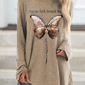 Crew Neck Casual Loose Butterfly Top, Blouses, color:Khaki|size:XXL, Noracora