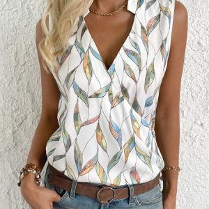 Geometric Sleeveless Cross Neck Casual Shirt, Blouses, color:White|size:XS, Noracora
