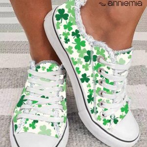 Women's Casual Shamrock Printing Lace-Up Canvas Shoes, Sneakers&Athletic, color:Green|size:43, Noracora