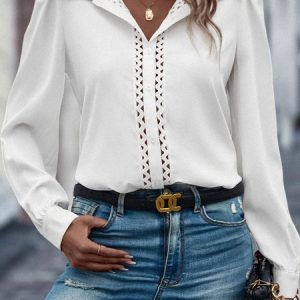 Shirt Collar Plain Patchwork Lace Casual Blouse, Shirts, color:White|size:XXL, Noracora