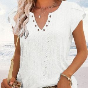 V Neck Vacation Plain Shirt, Blouses, color:White|size:XXL, Noracora