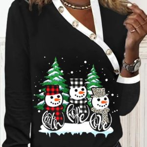 Jersey Christmas Snowman Asymmetrical Casual T-Shirt, T-shirts, color:Black|size:XXL, Noracora