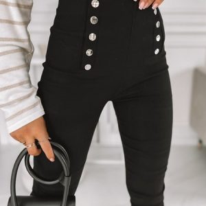 High Waist Buckle Skinny Legging, Leggings, color:Black|size:XXL, Noracora