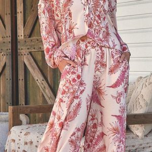 Floral Loose Boho Shirt Collar Two-Piece Set, Sets, color:Red|size:XL, Noracora