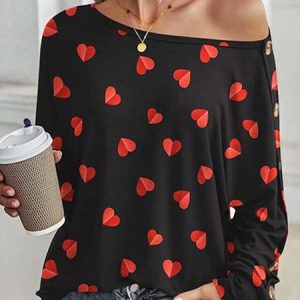 Boat Neck Jersey Casual Heart/Cordate Top, T-shirts, color:Black-red|size:XXL, Noracora