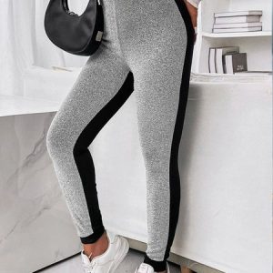 Color Block Jersey Casual Leggings, Leggings, color:Black-grey|size:XXL, Noracora