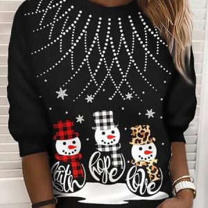 Loose Christmas Snowman Jersey Sweatshirt, Hoodies & Sweatshirts, color:Black|size:XXL, Noracora