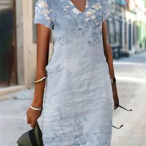 Casual Floral Notched Loose Short Sleeve Dress, Midi, color:Blue|size:5XL, Noracora