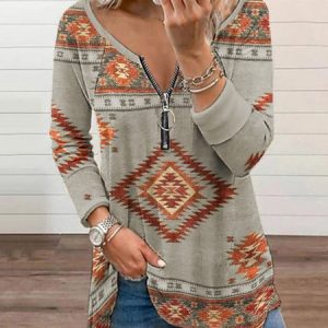 Ethnic V Neck Jersey Tunic Top, Tops, color:Gray|size:XXL, Noracora