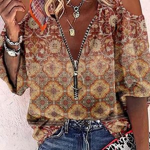 Abstract Casual V Neck Zipper Three Quarter Sleeve Loose Shirt, Blouses, color:Khaki|size:XXL, Noracora