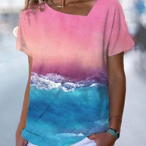 Jersey Casual Sea Print Asymmetric Neck T-Shirt, T-shirts, color:Pink|size:5XL, Noracora