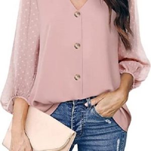 Plain Buckle Mesh Long Sleeve Casual Tunic Blouse, Shirts, color:Dusty Pink|size:XXL, Noracora