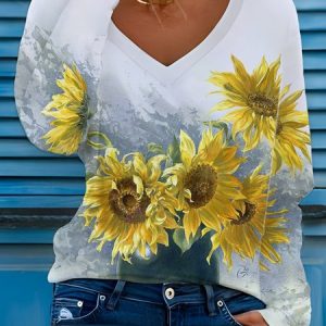 Floral Casual V Neck Loose Long Sleeve T-Shirt, T-shirts, color:Color6|size:5XL, Noracora