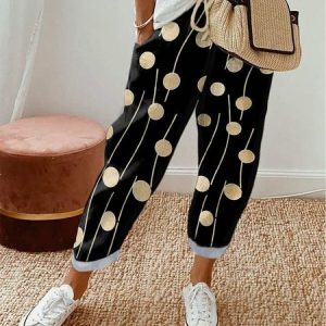 Polka Dots Geometric Printed Lace-up Pockets Casual Pants, Pants, color:Black|size:XXL, Noracora