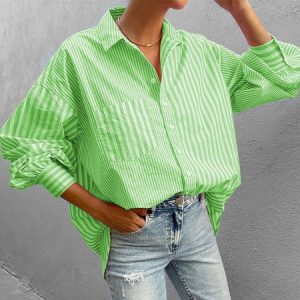 Urban Shirt Collar Striped Loose Blouse, Shirts, color:Green|size:XL, Noracora