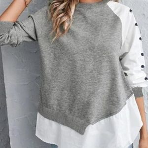 Loose Crew Neck Knitted Casual Top tunic, Blouses, color:Gray|size:XXL, Noracora