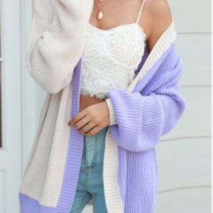 Wool/Knitting V Neck Color Block Casual Cardigan, Cardigans, color:Purple|size:XL, Noracora