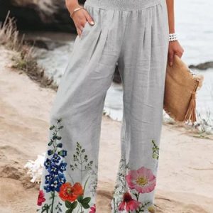 Floral Print Elastic High Waist Wide Leg Baggy Long Pant, Pants, color:Gray|size:XXL, Noracora