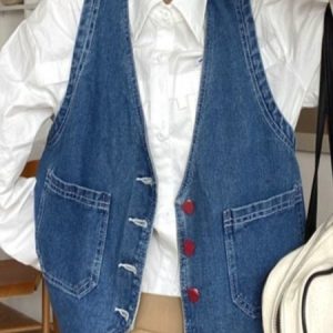 V Neck Casual Plain Buckle Pockets Denim Vest, Vest, color:Blue|size:XL, Noracora