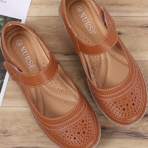 Pu Leaf Vintage Shallow Shoes, Flats/Loafers, color:Yellow|size:41, Noracora