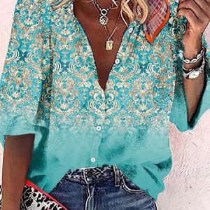 V Neck Loose Vacation Ethnic Blouse, Shirts, color:Blue|size:XXL, Noracora