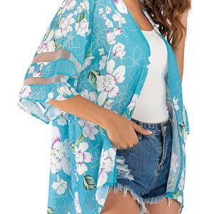 Floral Loose Wrap Kimono, Kimono, color:Sky Blue|size:3XL, Noracora
