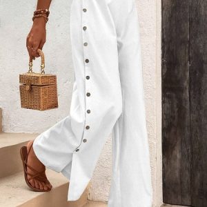 Cotton Casual Plain Button Detail Elastic Waist Wide Leg Pant, Pants, color:White|size:XXL, Noracora
