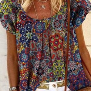 Round Neck Painted Short Sleeve Top, Blouses, color:Multicolor|size:XXL, Noracora