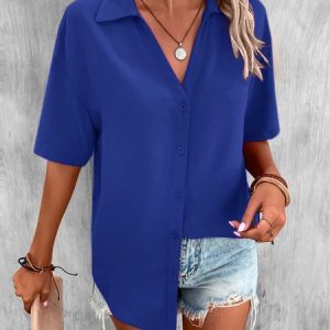 Casual Loose Shirt Collar Plain Blouse, Shirts, color:Royal Blue|size:XXL, catalog Noracora shop