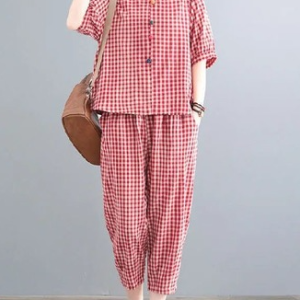Casual Plaid Top With Pants Two-Piece Set, Sets, color:Red|size:4XL, Noracora