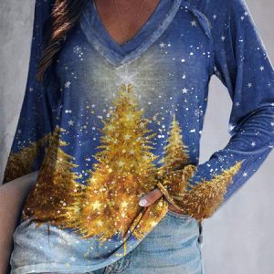 V Neck Plants Loose Tunic Top, Blouses, color:Blue|size:3XL, Noracora