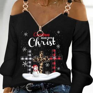Christmas Long Sleeve V Neck Printed Top, Blouses, color:Black|size:XXL, Noracora
