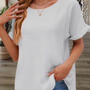 Plain Short Sleeve Crew Neck Casual Tunic Shirt, Blouses, color:White|size:XXL, Noracora