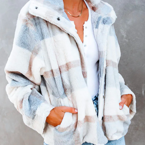 Casual Plaid Fleece Jacket, Coats, color:Blue|size:XXL, Noracora
