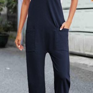 V Neck Casual Plain Regular Fit Bib Pants, Jumpsuits&Rompers, color:Purplish blue|size:3XL, Noracora