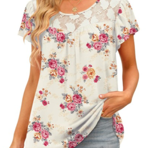 Floral Crew Neck Lace Short Sleeve Vacation Tunic Shirt, Blouses, color:Apricot|size:XXL, Noracora