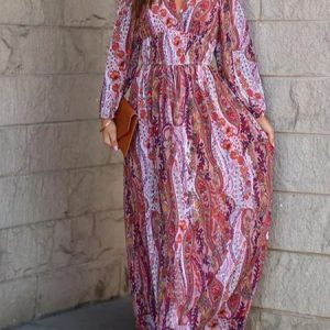 Boho Cashew Flowers V Neck Regular Fit Dress, Maxi, color:flower|size:XXL, Noracora