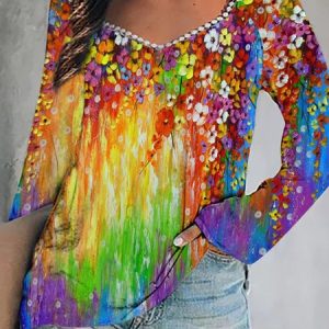Casual Lace Edge Painting Shirt, Blouses, color:Multicolor|size:XXL, Noracora
