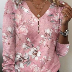 Jersey Floral Casual Buckle T-Shirt, T-shirts, color:Pink|size:XXL, Noracora