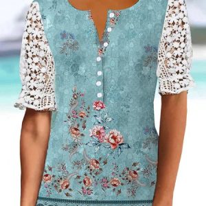 Buttoned Floral Loose Vacation Shirt, Blouses, color:Blue|size:3XL, Noracora
