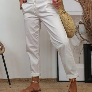 Plain Pockets Buckle Casual Pants, Pants, Roselinlin - Online Catalog