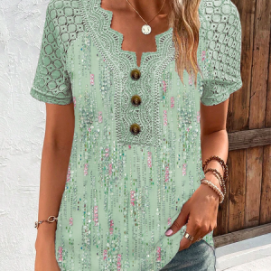 V Neck Buttoned Lace Casual Shirt, Blouses, color:Green|size:XXL, Noracora