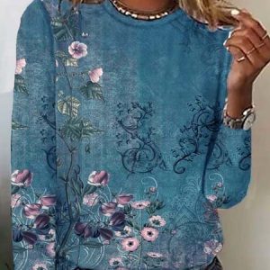 Casual Crew Neck Floral T-Shirt, T-shirts, color:Blue|size:XXL, Noracora