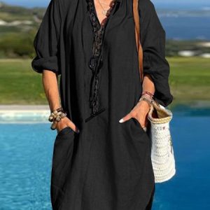 Shirt Collar Plain Casual Loose Dress, Midi, color:Black|size:5XL, Noracora