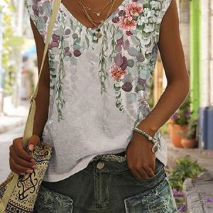 Floral Loose Casual V Neck Tank Top, Tanks & Camis, color:Coral|size:XXL, Noracora