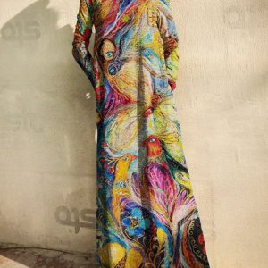New Women Chic Printed colorful Casual Long Sleeve Knitting Dress, Maxi, color:As Picture|size:3XL, Noracora
