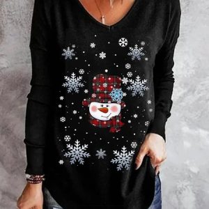 Christmas Snowflake Printed Crew Neck Casual Tunic T-Shirt, Blouses, color:Black|size:XXL, Noracora