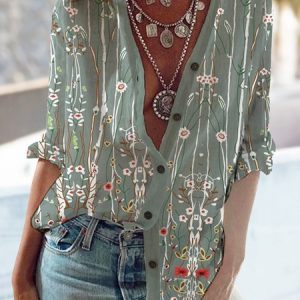 Stand Collar Floral Printed Long Sleeve Blouse, Shirts, color:Green|size:XXL, Noracora