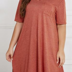 Plus Size Casual Plain Summer Polyester Daily Plus Size Midi Half Sleeve Dresses, DRESSES, color:Brick Red|size:4X, Noracora